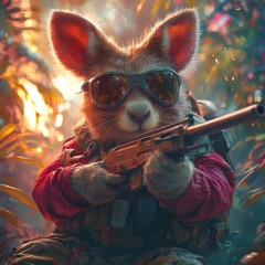 Poster - anthropomorphic chubby kangaroo military gear firing machine guns in a lush tropical forest showcasi
