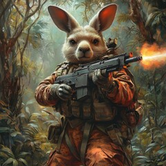 Poster - Anthropomorphic chubby Kangaroo military gear firing machine guns in a lush tropical forest showcasing vibrant colors and cinematic grading to create an adventurous and whimsical scene