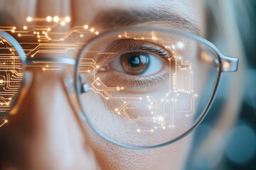 Fototapete - AI-Augmented Vision Middle Eastern Innovator, 40, in Smart Glasses Analyzes MicrochipTransforming Tech Workspaces for Sustainable Digital and Business Growth