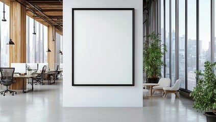 Poster - contemporary office interior with large empty frame on wall, wooden beams, modern furniture, city sk