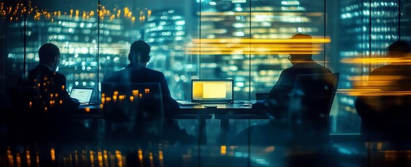 Poster - Business meeting at night showcasing silhouettes of professionals in a modern office with city skyline background illuminated by bright lights