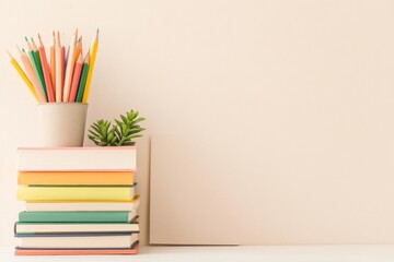 Poster - Minimalist Home Study Setup Vibrant Notebooks and Pencils with Laptop for Virtual Learning - Ideal Back-to-School Workspace for Creative Education