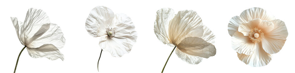 Poster - Delicate white poppy flowers arranged artistically on a light background highlighting their beauty and texture