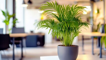 Poster - Lush Green Indoor Plant in Modern Office Setting with Natural Light and Stylish Décor Enhancing Workplace Aesthetics and Air Quality
