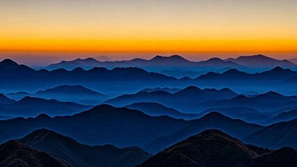 Wall Mural - majestic mountain range at dusk showcasing layered silhouettes against an orange hue blending into t