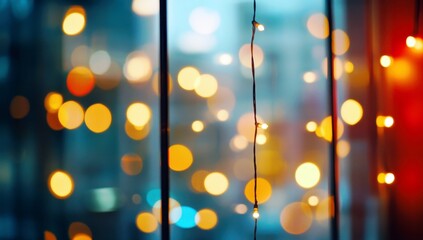 Poster - Softly Blurred Bokeh Lights in a City Environment Creating a Warm and Dreamy Atmosphere Through Window Panes with Vibrant Color Palette