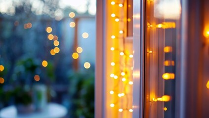 Poster - Warm and Cozy Evening with Soft Bokeh Lights Decor in a Relaxing Indoor Space Surrounded by Greenery and Brightened by Nature's Glow