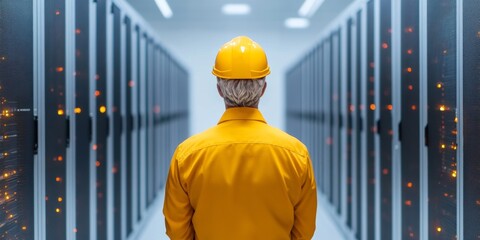 Fototapete - Industrial-Chic Data Center Imagery Professional in Hard Hat Amid Rows of Glowing Servers - Efficiency and Security Solutions for Tech Industry and Enterprise Infrastructure