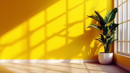 Poster - Bright and Vibrant Yellow Wall with Shadows and Indoor Plant in a Cozy Modern Room Setting Perfect for Home Decor Inspiration and Design Ideas