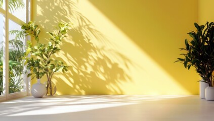 Poster - Bright and Airy Indoor Space with Vibrant Yellow Wall and Lush Green Plants Casting Beautiful Shadows from Bright Sunlight