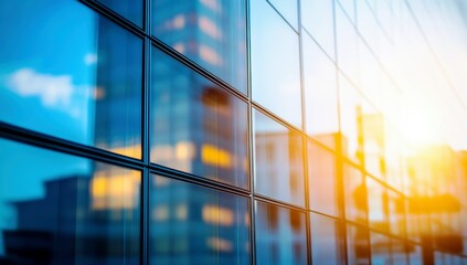 Poster - Reflections of Modern Architecture in Sunrise Light on Glass Facade of Skyscraper with Urban Cityscape Background and Bright Window Glow