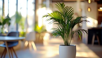 Poster - Indoor Plant in Bright Modern Cafe Setting with Natural Light Illuminating a Stylish Contemporary Interior Design and Minimalistic Decor Elements