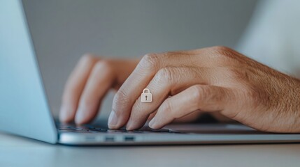 Poster - Minimalist Cybersecurity Interface Sleek Laptop Typing with Digital Padlock Icon - Secure Tech Solutions for Corporate Offices and Data Protection Strategies