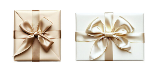 Poster - Elegant gift boxes wrapped in gold and white with satin ribbons for special occasions or celebrations