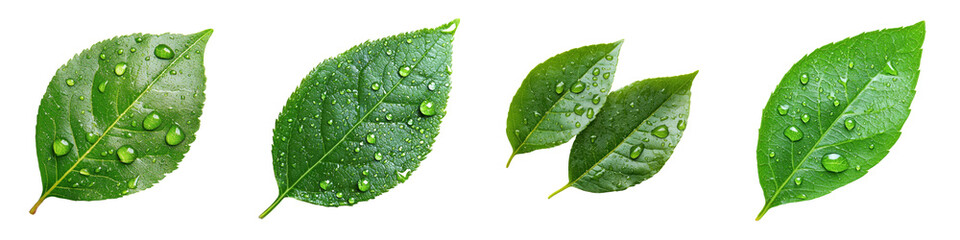 Poster - Close-up view of fresh green leaves glistening with water droplets after rain in a natural setting