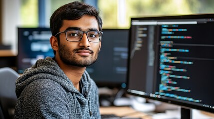 Young Indian man coordinating with developers for a startup project in a modern workspace