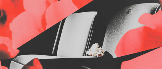Poster - Minimalist collage featuring an empty cinema seat and dropped popcorn on a floral background
