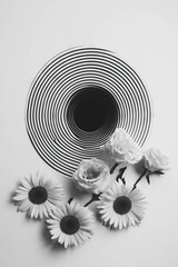 Poster - Minimalist collage featuring concentric circles and floral elements on a clean background
