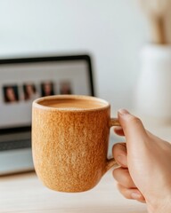 Aufkleber - Earthy Ceramic Mug in Cozy Home Office Setup Virtual Meeting Engagement on Sleek Laptop Screen - Digital Communication Tools for Remote Work Efficiency in Business Innovation