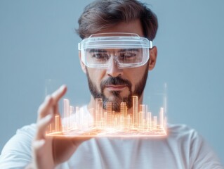 Poster - Holographic Cityscape Design Middle Eastern Male Architect with VR Headset in Futuristic Workspace - Cutting-Edge XR Collaboration for Urban Planning in Modern Architecture