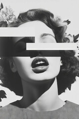 Poster - minimalist collage featuring a close-up of a mouth with a cough and floral background