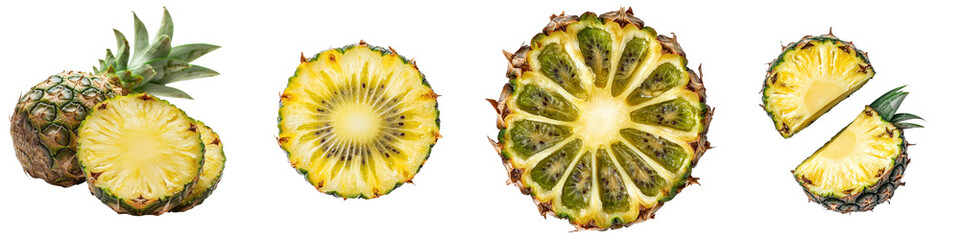 Poster - Fresh pineapple cut into slices, showcasing texture and color at a fruit market