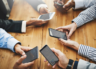 Poster - Business people, hands and meeting with phone screen for network, data sync or sharing research at office. Top view, closeup or employees with mobile smartphone for online communication, UX or app