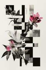 Poster - Minimalist collage features geometric shapes and floral elements in dynamic composition