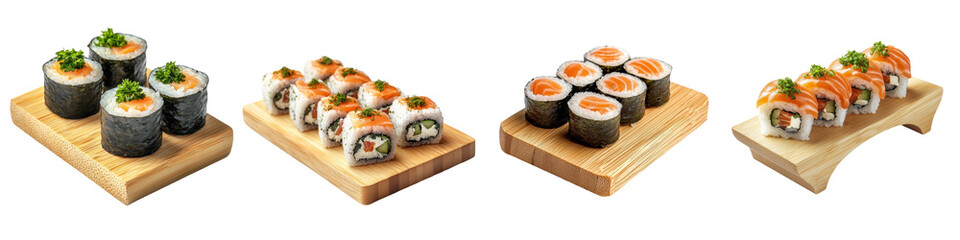 Poster - Delicious sushi assortment served on wooden platters at a Japanese restaurant