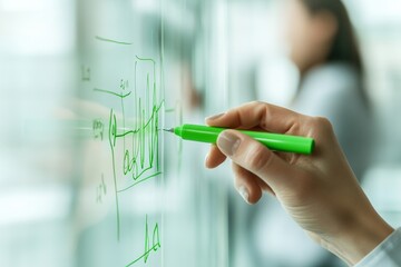 Poster - Minimalist Team Collaboration Writing on Transparent Glass Board with Green Marker - Modern Office Strategy and Communication Tools for Business Innovation
