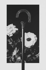 Poster - Elegant walking cane surrounded by floral elements in minimalist collage format