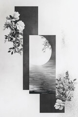 Poster - Minimalist collage featuring geometric shapes and distorted water reflection with flowers