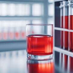 Poster - Tech-Infused Laboratory Aesthetic Red Liquid in Precision Glassware on Stainless Steel - Cutting-Edge Chemical Innovations and Health-Conscious Material Research