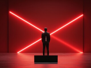 Aufkleber - Neo-Futuristic Speaker Engagement Minimalist Red Stage with LED Lighting - Business Leadership Content and Corporate Innovation Design for Modern Presentation Venues