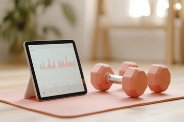 Aufkleber - Contemporary Fitness Space Textured Smart Dumbbells with Interactive Tablet on Yoga Mat - Digital Health Monitoring and Innovative Home Gym Solutions