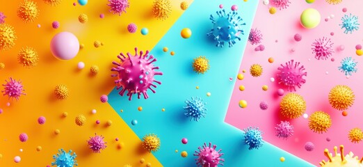 Poster - Colorful 3D representation of viruses and bacteria on vibrant geometric background, showcasing diverse shapes and sizes in bright colors, copy space for text