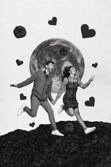 Poster - Collage photo advert honeymoon together couple lovely people girlfriend hand with boyfriend run cosmic near moon isolated on white background