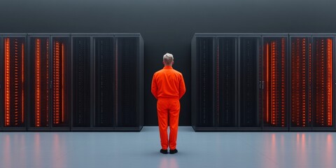 Poster - Cutting-Edge Industrial Minimalist Data Center Silhouetted Figure with Orange Jumpsuit Amidst Illuminated Server Racks - Advancing Corporate Tech Networks for High-Performance Computing