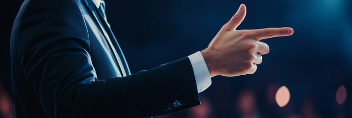 Poster - Contemporary Seminar Scene Dynamic Speaker Gesture with Digital Backdrop - Professional Development and Leadership Growth in Modern Business Strategy