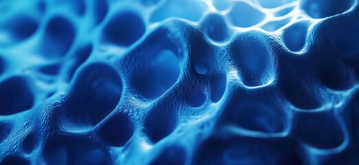 Poster - Abstract blue texture resembling cellular structure with intricate patterns and depth, showcasing organic forms and light reflections, copy space for text