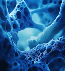Poster - Intricate Blue Microstructure with Bubbles and Cavities, Abstract Representation of Cellular or Biological Forms, copy space for text