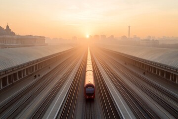 Fototapete - Golden Hour Urban Train Station Silhouette Architectural Symmetry and Sustainable Commuting Solutions - Enhancing Urban Mobility for Modern Transit and Smart City Planning