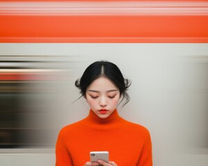 Poster - Minimalist Portrait Young Asian Woman in Bold Orange Sweater Using Smartphone - Digital Lifestyle Promotion and Contemporary Fashion Content