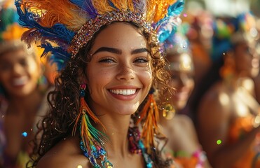 Smiling carnival dancer wearing an ornate blue and gold headdress with feathers and glittering decorations amidst confetti Generative AI