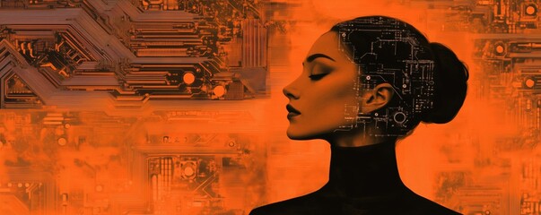 Poster - Futuristic woman silhouette with circuit board design, representing technology and artificial intelligence, set against vibrant orange background, copy space for text