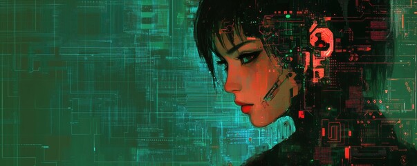 Poster - Futuristic cybernetic woman with digital interface, neon colors, intricate circuitry, and high-tech elements, showcasing a blend of technology and human features, copy space for text