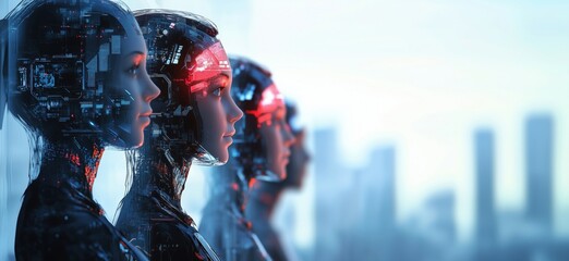 Poster - Futuristic humanoid robots with advanced technology and digital interfaces in a modern cityscape, showcasing artificial intelligence and innovation, copy space for text