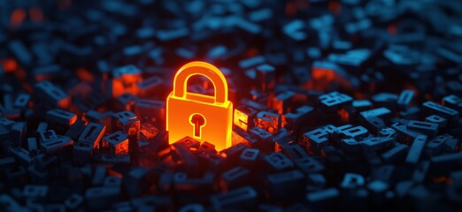 Poster - digital security lock glowing amidst scattered metallic letters representing data encryption and cyb