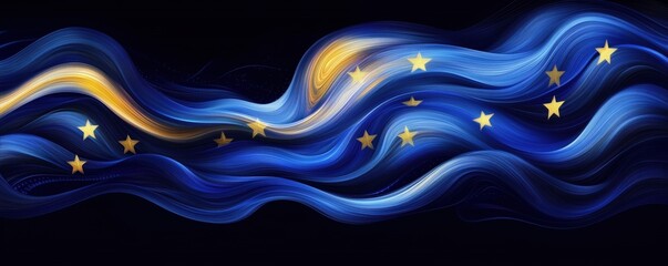 Poster - Abstract representation of European Union flag with flowing blue waves and golden stars, symbolizing unity and harmony in Europe, copy space for text
