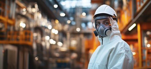 Poster - Industrial worker in protective gear, safety helmet, respirator, white suit, factory environment, blurred background, safety measures, health precautions, copy space for text